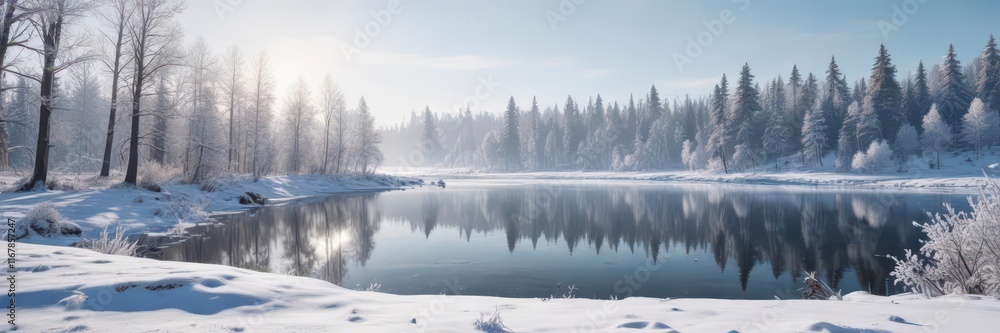 Frosty landscape with snow-covered trees and a frozen lake in the background , space, forest, ice Frosty landscape with snow-covered trees and a frozen lake in the background , space, forest, ice
