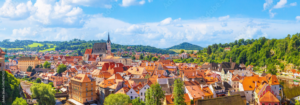 Summer cityscape, panorama, banner - top view of the Old Town of Cesky Krumlov, Czech Republic