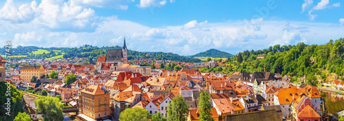 Obraz na płótnie Summer cityscape, panorama, banner - top view of the Old Town of Cesky Krumlov, Czech Republic w salonie