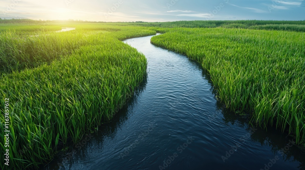 Environmental engineering sustainability remediation Concept. A serene landscape featuring a winding river surrounded by lush green grass under a bright sky. Environmental engineering sustainability remediation Concept. A serene landscape featuring a winding river surrounded by lush green grass under a bright sky.