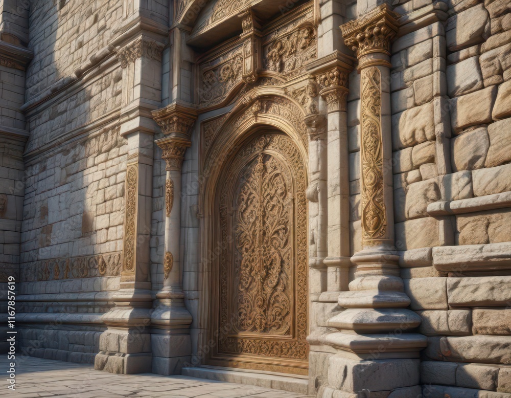Majestic castle walls adorned with intricate stone carvings and golden filigree, carvings, filigree, medieval Majestic castle walls adorned with intricate stone carvings and golden filigree, carvings, filigree, medieval