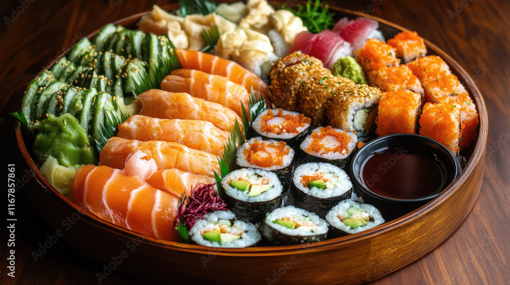 An elegant sushi platter featuring fresh rolls, delicate sashimi, and vibrant dipping sauces, artfully arranged to create a sophisticated centerpiece for any celebration. An elegant sushi platter featuring fresh rolls, delicate sashimi, and vibrant dipping sauces, artfully arranged to create a sophisticated centerpiece for any celebration.