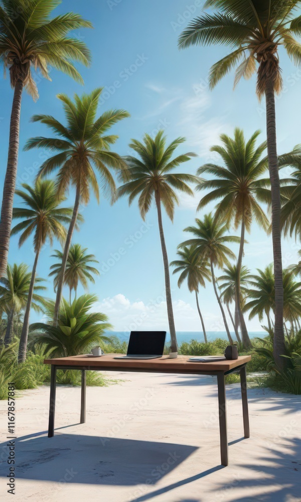 Fototapeta premium Minimalist desk amidst vast open space with tropical palm trees and clear blue sky , palm trees, summer, tropical
