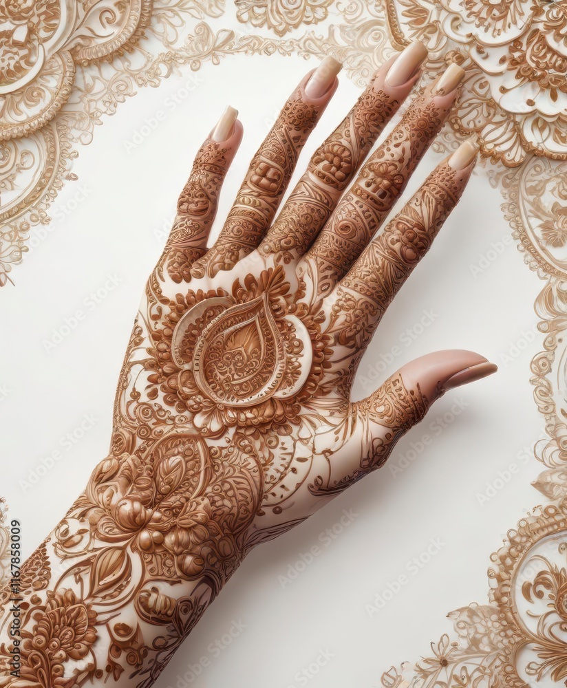 Obraz premium Intricate mehndi designs on a pure white canvas, artistic patterns, Indian motifs, beauty designs