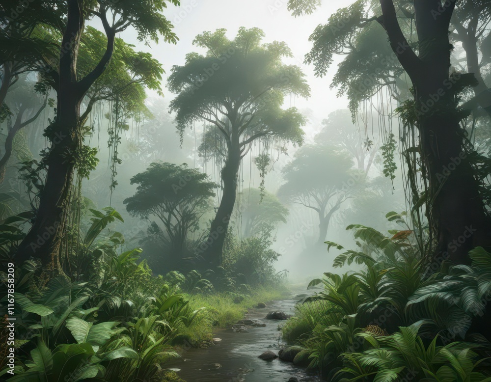 Naklejka premium Green misty jungle with towering trees and vines, jungle, vegetation, trees