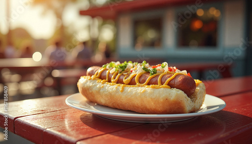 Classic Diner Scene with a Juicy Hot Dog Topped with Mustard and Fresh Vegetables on a Plate in Warm Afternoon Light photo