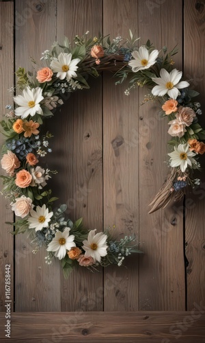 Muted floral wreath on a distressed wood background, grunge florals, foliage designs, bohemian style