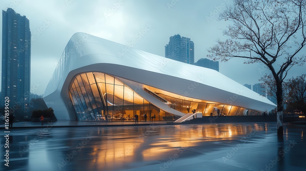 Obraz premium Museum with modern architecture, sleek geometric design, glass and steel exterior, bright and airy atmosphere, cultural landmark