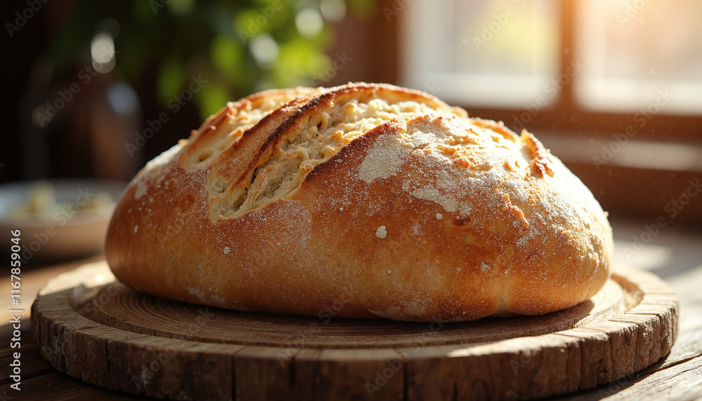 Rustic crusty bread loaf resting on a wooden board, illuminated by warm sunlight, suggesting a cozy, inviting atmosphere of traditional baking Rustic crusty bread loaf resting on a wooden board, illuminated by warm sunlight, suggesting a cozy, inviting atmosphere of traditional baking