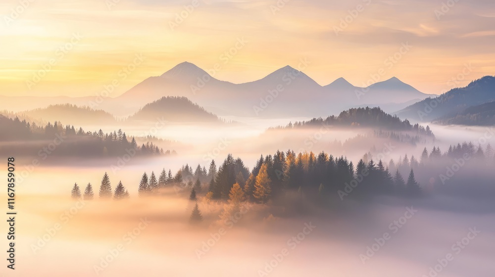 Fototapeta premium Misty Mountain Majesty: Tranquil Fog Blanketing Majestic Peaks in Nature's Embrace