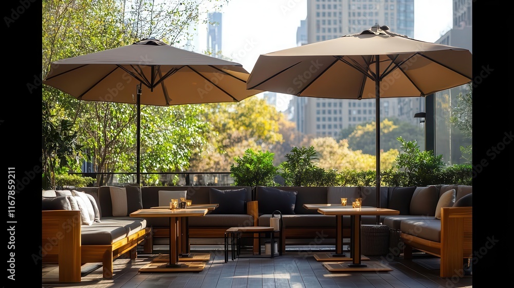 Fototapeta premium Outdoor terrace seating at a cafe, modern furniture under large umbrellas, bustling city backdrop, lively and social atmosphere