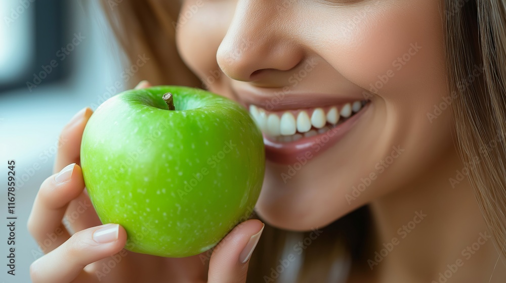 Smiling woman holding a green apple close to her face indoors Smiling woman holding a green apple close to her face indoors