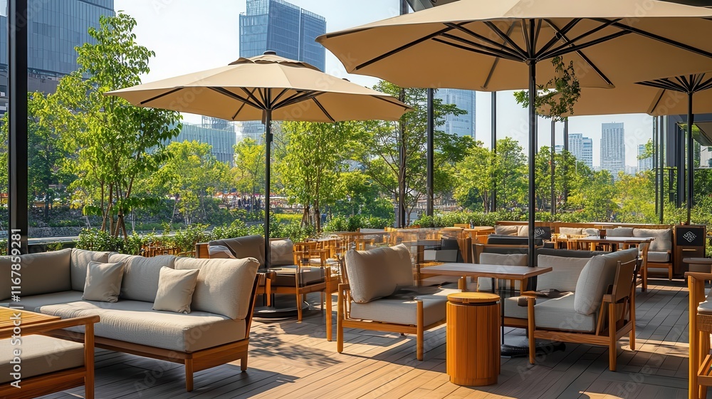 Fototapeta premium Outdoor terrace seating at a cafe, modern furniture under large umbrellas, bustling city backdrop, lively and social atmosphere