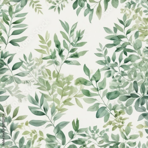 Pastel green watercolor foliage on a creamy white background with subtle texture ,  delicate colors,  calm environment,  floral patterns