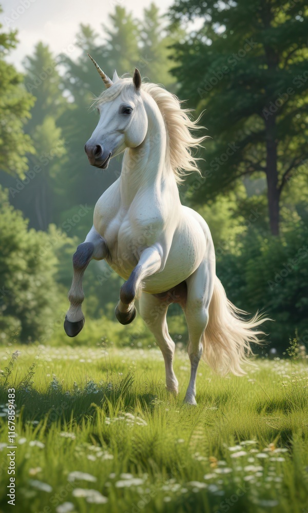 Majestic white unicorn stallion prancing in a lush green meadow, natural scenery, white unicorn, serene atmosphere Majestic white unicorn stallion prancing in a lush green meadow, natural scenery, white unicorn, serene atmosphere