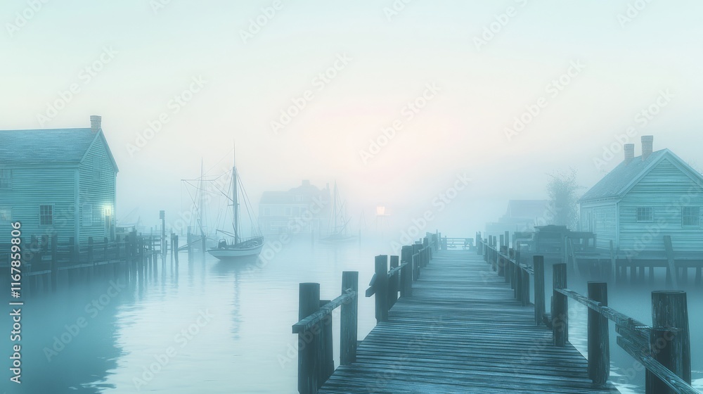 Obraz premium Tranquil Morning at a Misty Fishing Dock - Embracing Coastal Serenity with Bobbing Boats