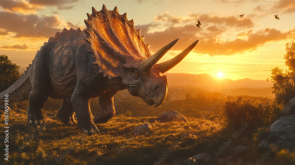 Obraz premium Triceratops dinosaur at sunset in a prehistoric landscape.