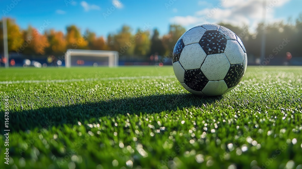 Obraz premium Soccer ball on field, close-up shot, green grass and goalposts in the background, mid-game action, bright sunny day, vibrant sports energy