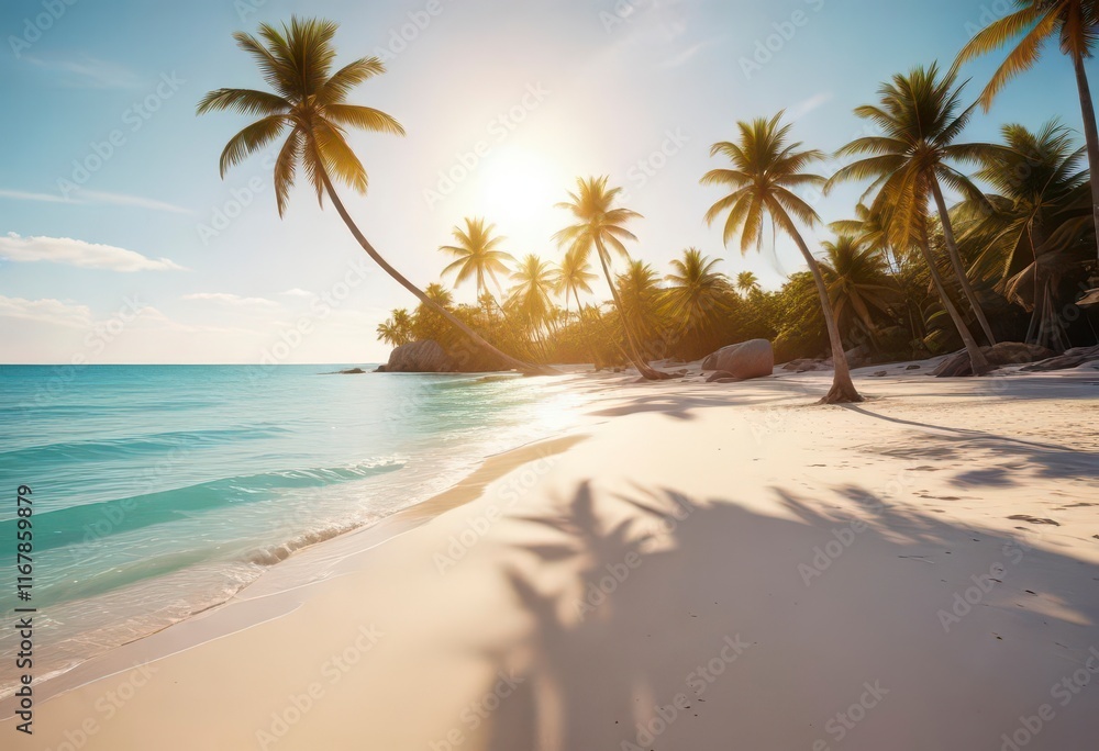 Palm tree lined coastline with turquoise water and powdery white sand, warm tones of golden brown,  island ,  beige, beach