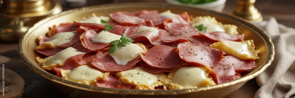 Sliced salami and mozzarella ravioli in a golden bowl, food, alfredo sauce, ravioli Sliced salami and mozzarella ravioli in a golden bowl, food, alfredo sauce, ravioli