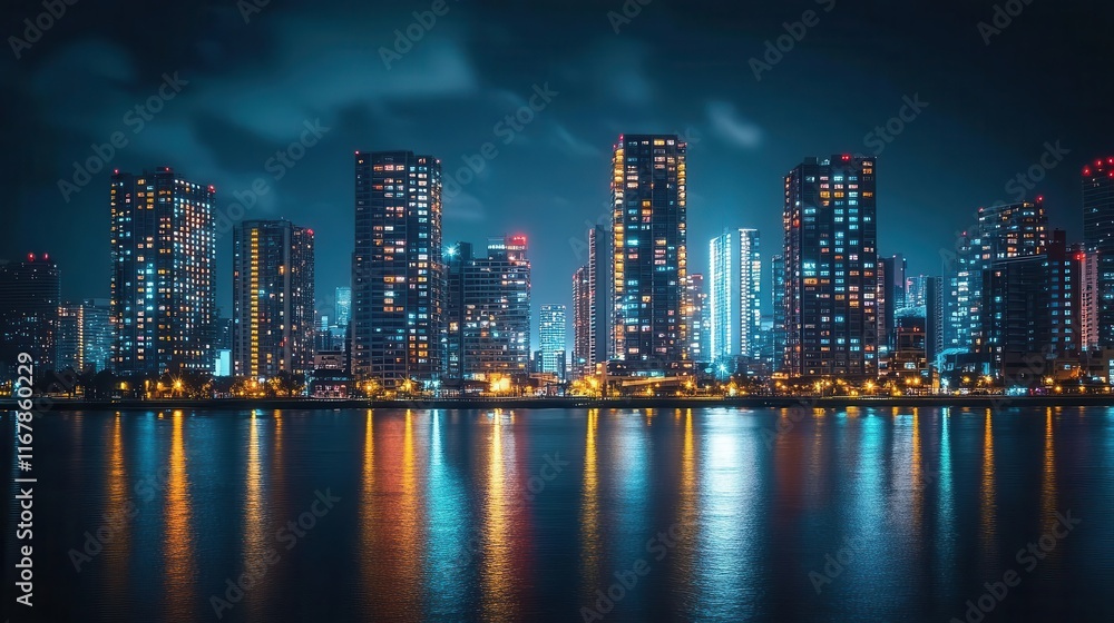 Urban skyline at night, city lights twinkling, tall buildings glowing against the dark sky, sense of energy and vibrancy Urban skyline at night, city lights twinkling, tall buildings glowing against the dark sky, sense of energy and vibrancy