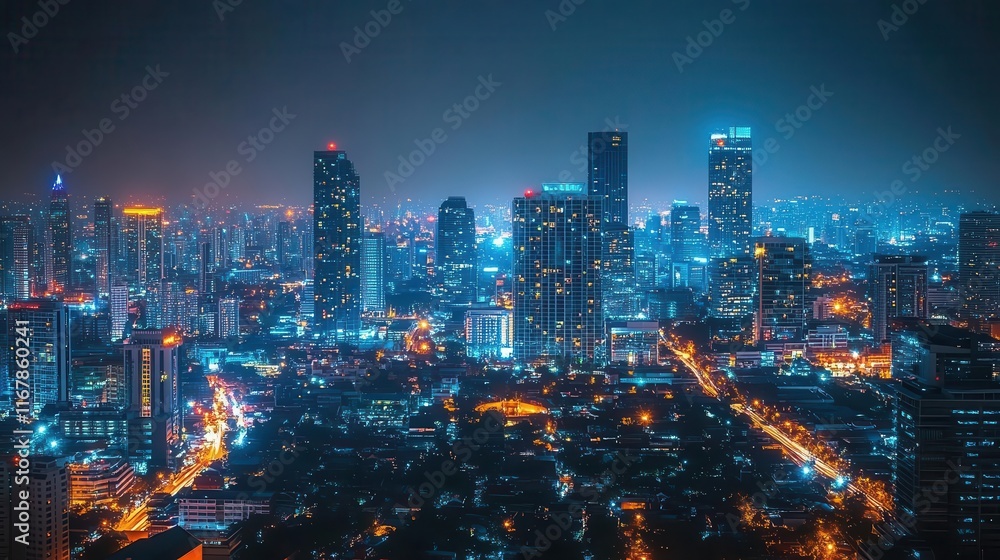 Fototapeta premium Urban skyline at night, city lights twinkling, tall buildings glowing against the dark sky, sense of energy and vibrancy