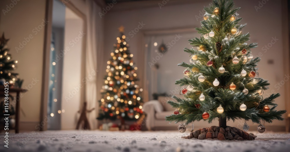 Snowy Christmas tree with ornaments and lights, tree, night, snow Snowy Christmas tree with ornaments and lights, tree, night, snow