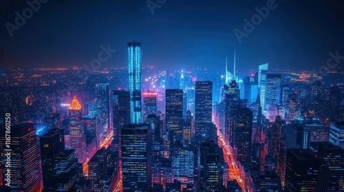 Wallpaper Mural Urban skyline at night, city lights twinkling, tall buildings glowing against the dark sky, sense of energy and vibrancy Torontodigital.ca