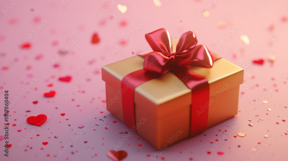 Obraz premium Valentine's Gift Box with Red Ribbon and Glittering Hearts on a Soft Pink Surface