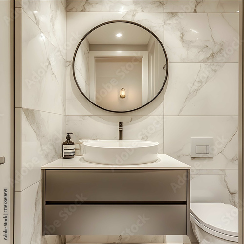 powder room all cladded white and grey very large marble tile a round mirror with a black frame over the sink the sink is on top of the counter not built in The cabinet photo