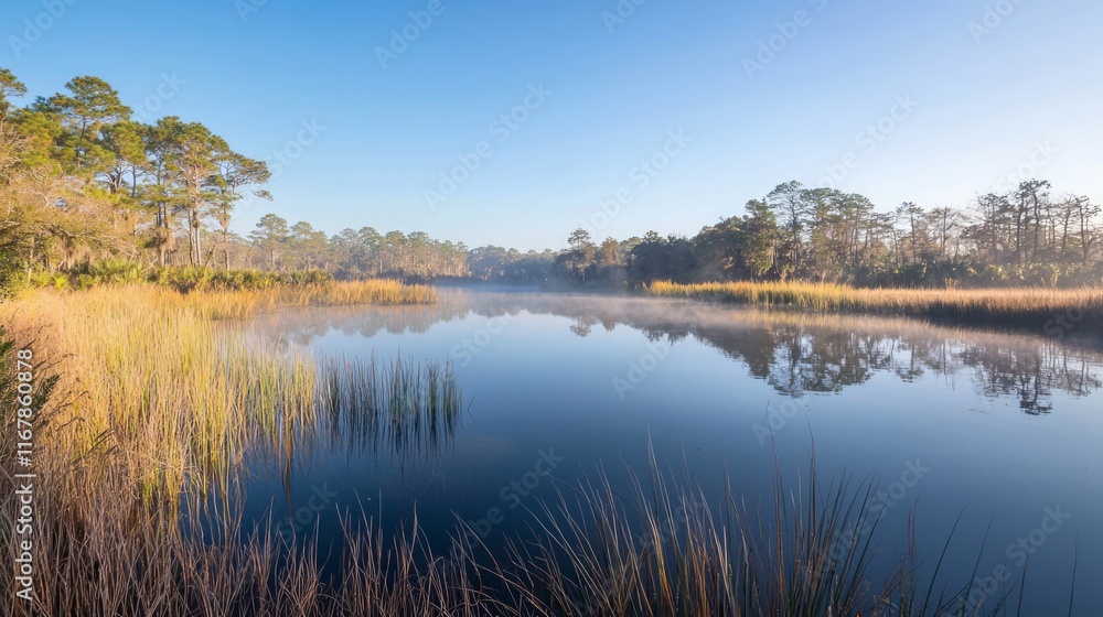 Serene Reflections: Tranquil Pond in Morning Fog with Tall Grasses and Shimmering Trees - Ultra-Detailed Natural Scene Photography Serene Reflections: Tranquil Pond in Morning Fog with Tall Grasses and Shimmering Trees - Ultra-Detailed Natural Scene Photography