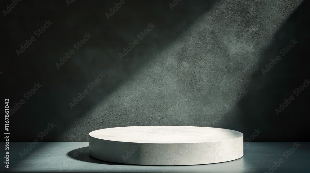 Minimalist circular pedestal in dramatic light with shadows in dark background Minimalist circular pedestal in dramatic light with shadows in dark background