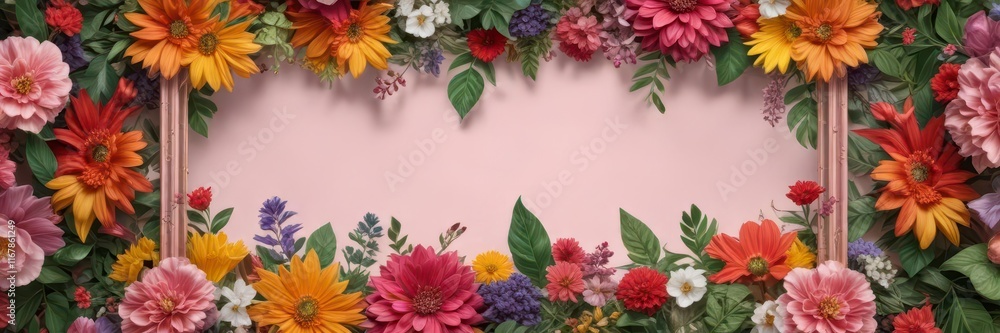 Fototapeta premium Pattern of a colorful frame collage with various flowers and leaves, collage, flowers, frames