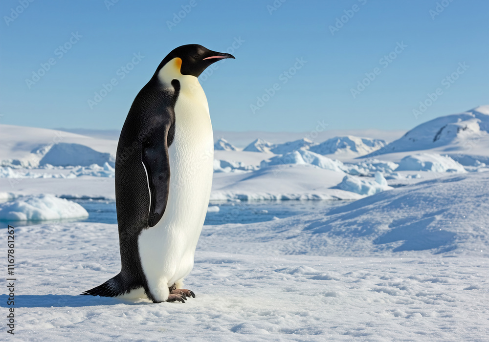 Fototapeta premium A majestic Emperor penguin stands gracefully on an Antarctic ice floe, under a clear blue sky, surrounded by dazzling icy landscapes. Close-up