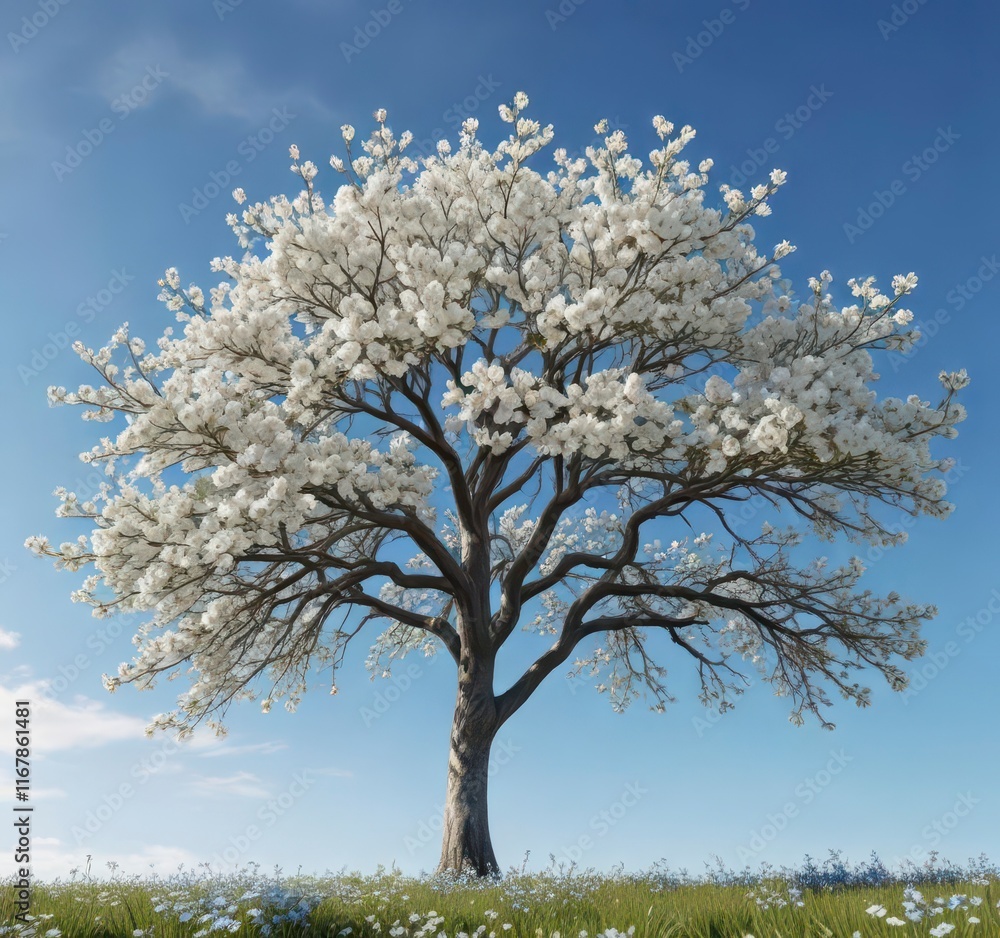 Single white-petaled tree against clear blue sky, leafy, branch, blue Single white-petaled tree against clear blue sky, leafy, branch, blue