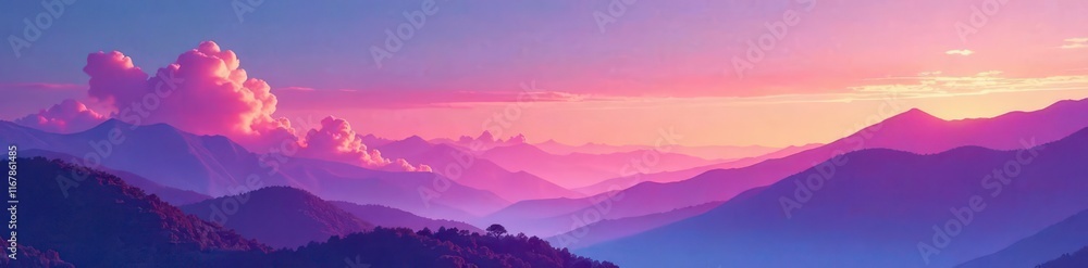 Obraz premium Vibrant gradient vector landscape with wispy clouds and mountains, mountains, gradient, landscape