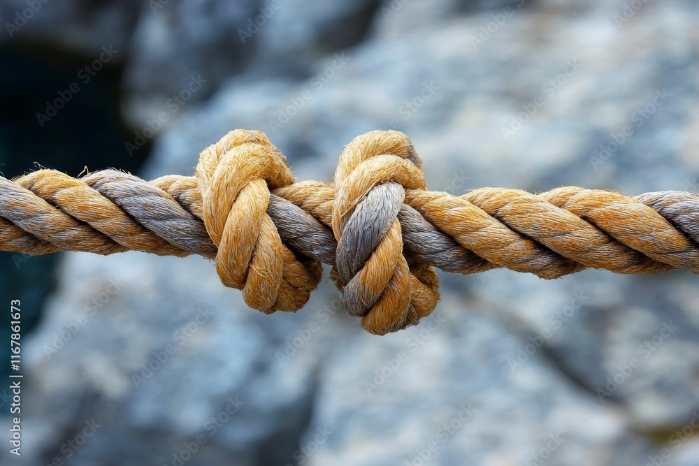 Fototapeta premium Thick rope knot, weathered texture, blurred background.