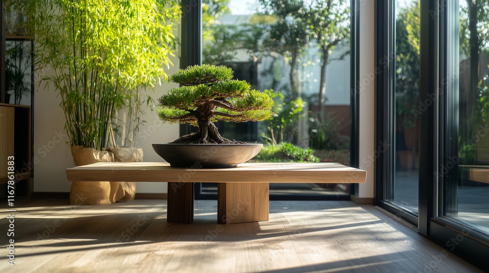 Modern interior with bonsai tree and bamboo accents
Modern interior with bonsai tree and bamboo accents