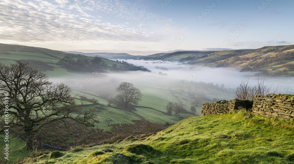 Fototapeta premium Serene Hillside View of Foggy Valley in Soft Light - Tranquil Landscape Photography