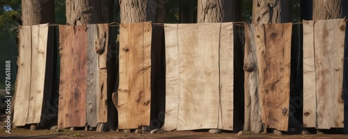 Wallpaper Mural Weathered canvas banners draped over reclaimed tree trunks, vintage grunge,  outdoor decor,  earthy tones Torontodigital.ca