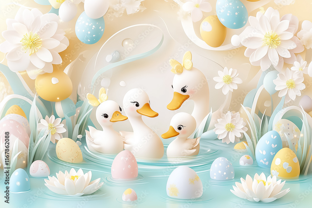 Ducks gather by a peaceful pond, with pastel eggs and flowers, celebrating the joy of Easter Ducks gather by a peaceful pond, with pastel eggs and flowers, celebrating the joy of Easter