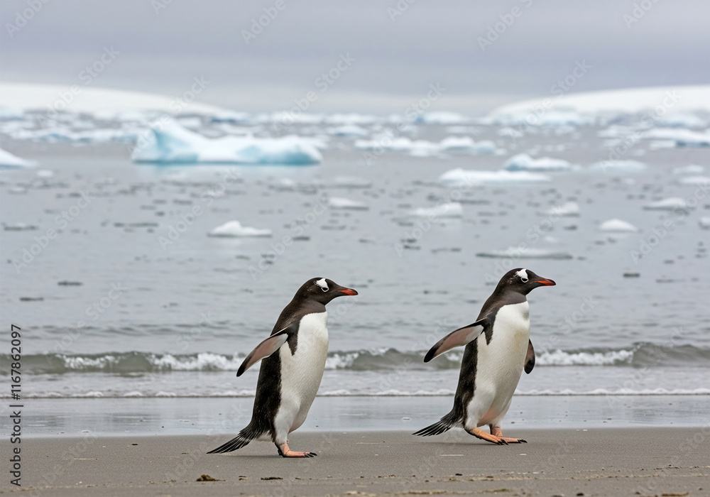 Obraz premium Two penguins walking on the seashore in Antarctica, close-up, full size. Blurred background.