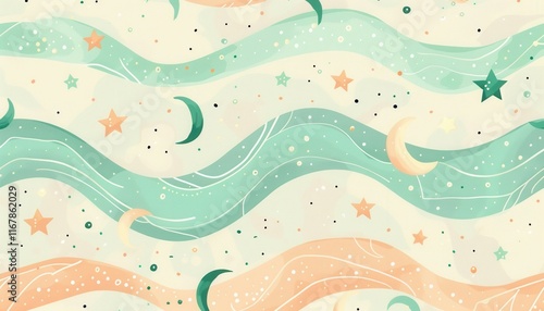 Dreamy pastel waves, stars, and moons create a magical, seamless pattern perfect for textile prints, wallpapers, or kids' room decor.  Enchanting celestial design.