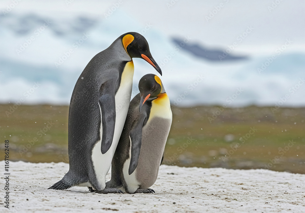Obraz premium King penguin mating couple cuddling in wild nature, snow and ice. Pair two penguins making love. Wildlife scene from white nature. Bird behavior, wildlife scene from nature, South Georgia, Antarctica.