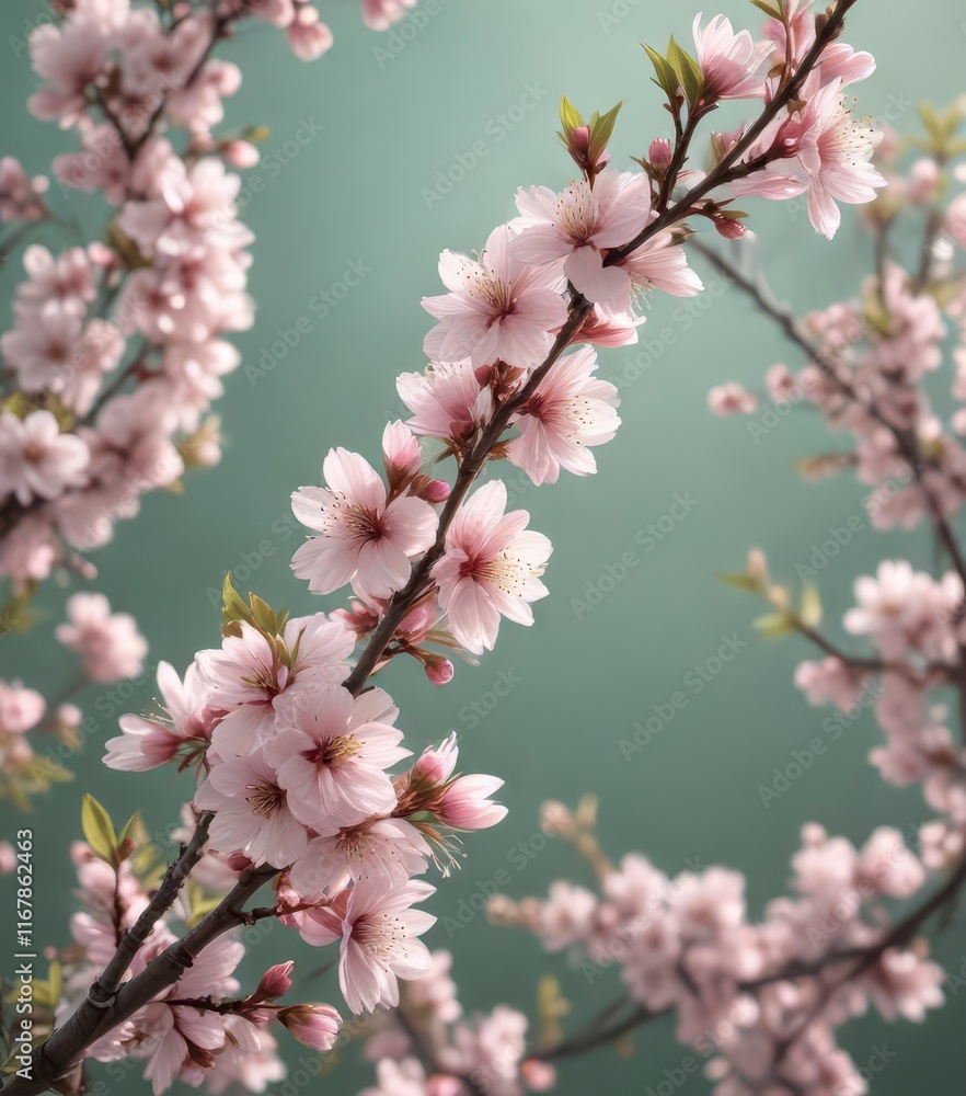 Spring blooming cherry blossom branches with delicate pink petals and subtle green leaves, springtime, flowers, blossoms Spring blooming cherry blossom branches with delicate pink petals and subtle green leaves, springtime, flowers, blossoms