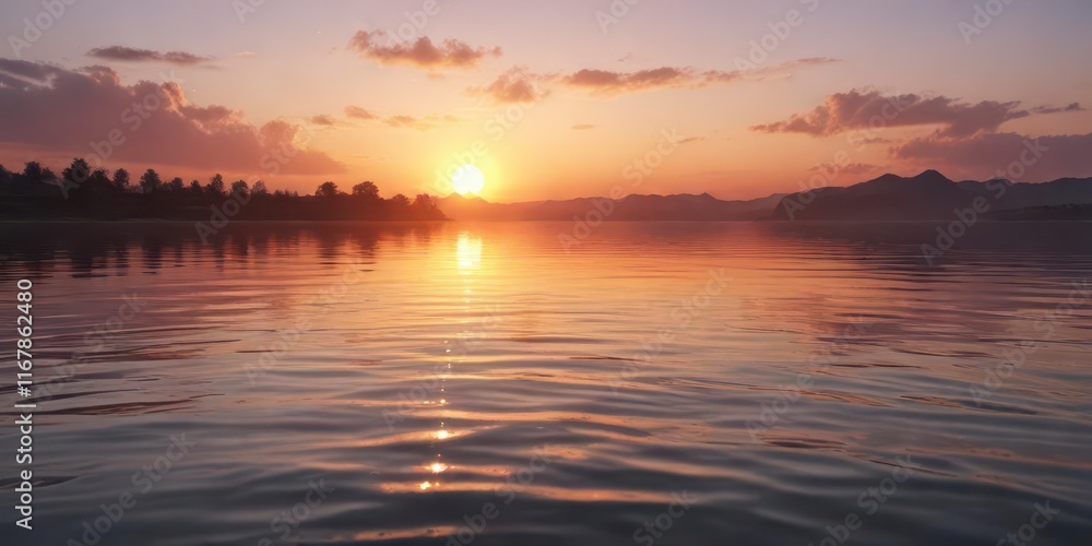 Softly fading sunset with ripples on the water surface, nature scenery, peaceful, dreamy Softly fading sunset with ripples on the water surface, nature scenery, peaceful, dreamy