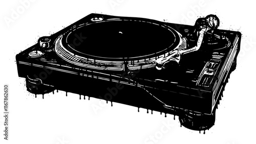 Classic DJ turntable illustration in graffiti stencil style with dripping paint effect