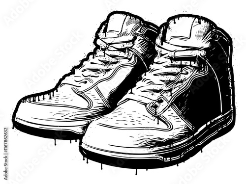 Pair of generic high top sneakers illustration in graffiti stencil style with dripping paint effect