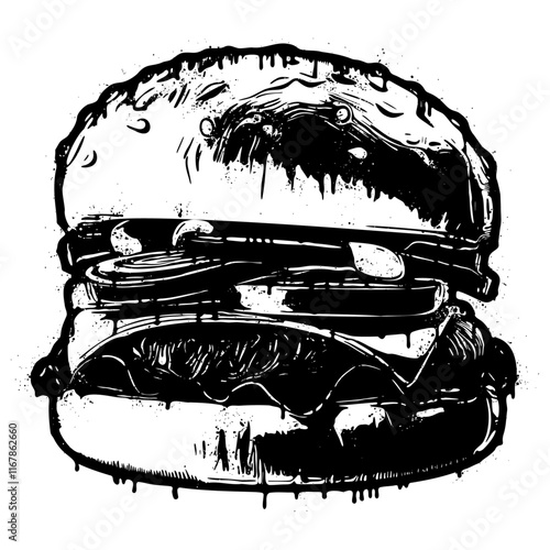 Hamburger illustration in graffiti stencil style with dripping paint effect