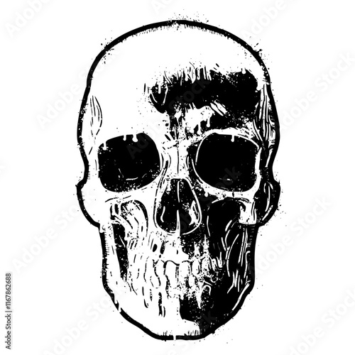 Human skull illustration in graffiti stencil style with dripping paint effect